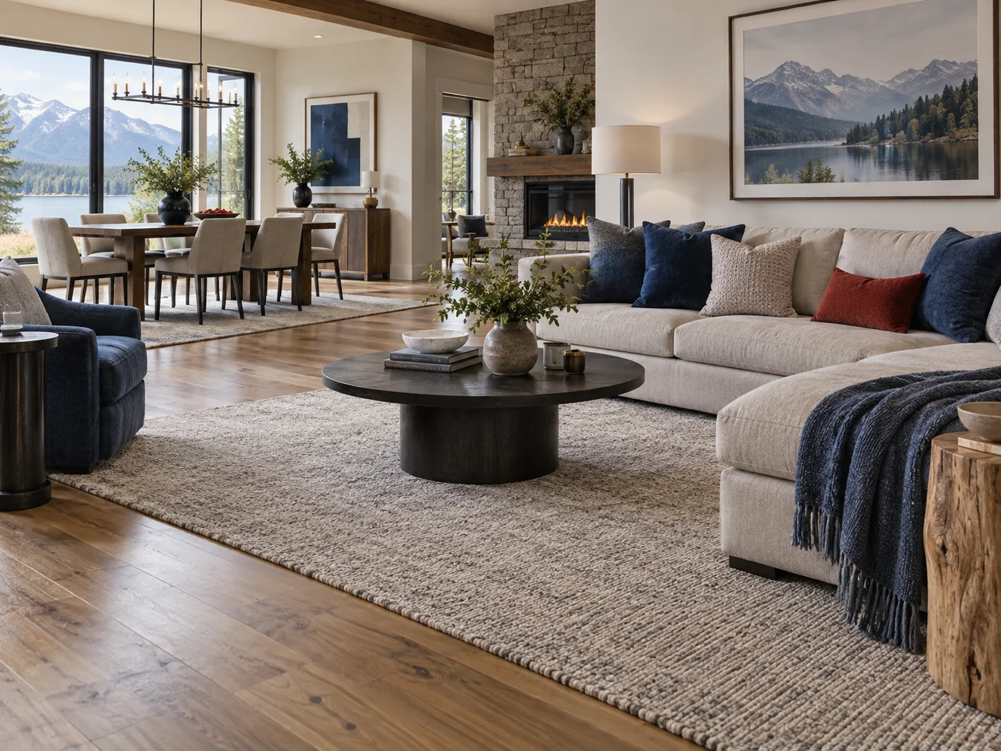 Living and dining space combining hardwood flooring and a textured area rug