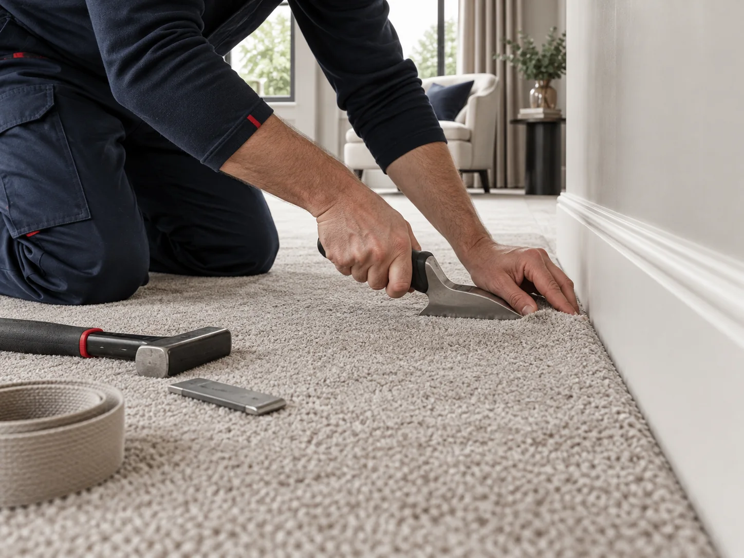 Professional installer carefully fitting carpet along a finished wall